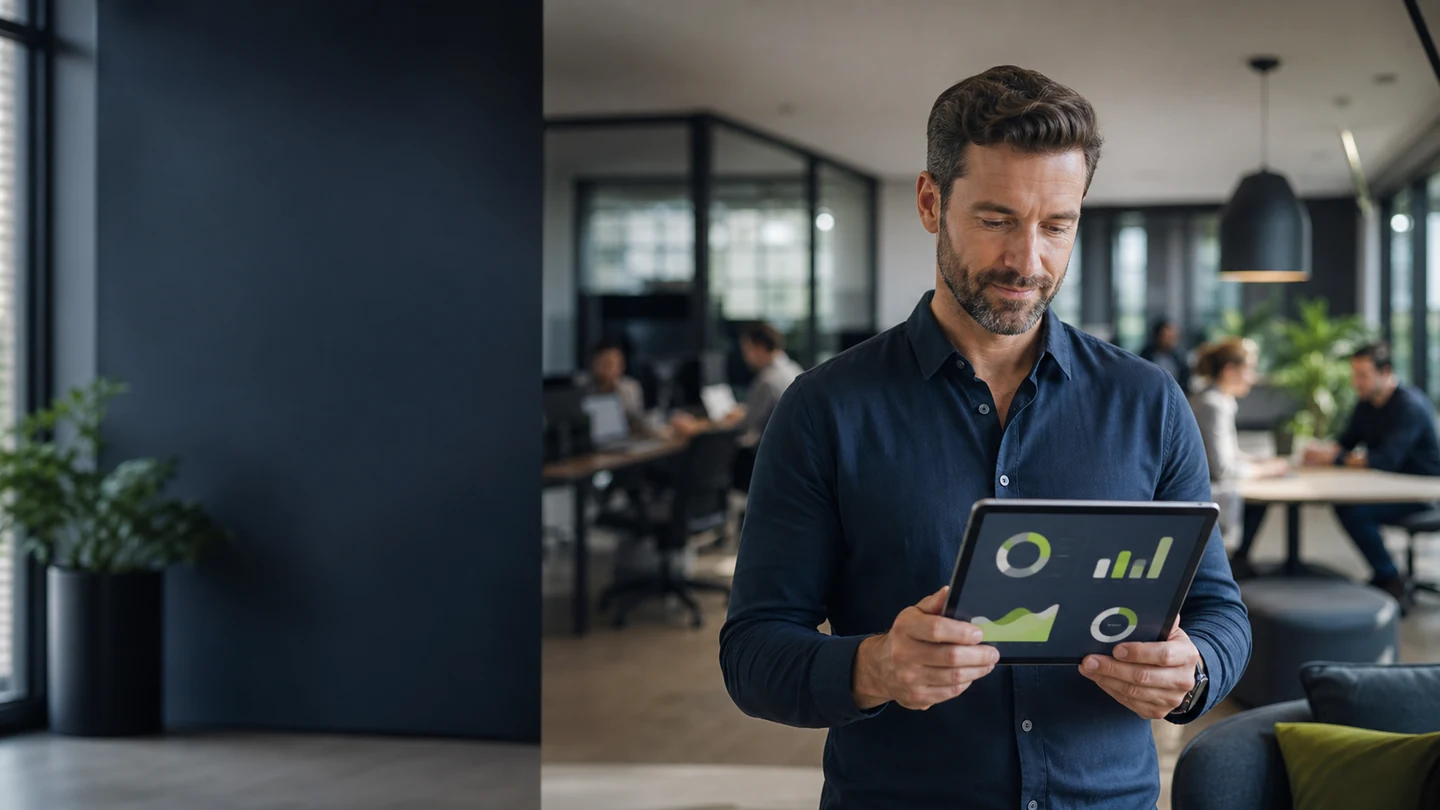 MSP owner reviewing recurring revenue performance while the team works in the background